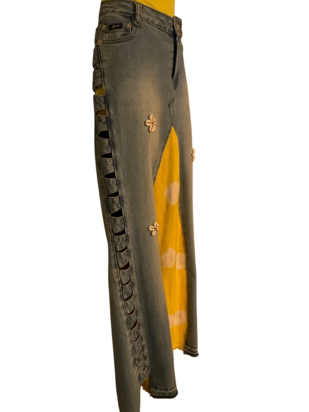 AUTHENTIC Maxi Denim Skirt w/ Yellow/White Mudcloth Inset & Cowrie Shells - Picture 3 of 7
